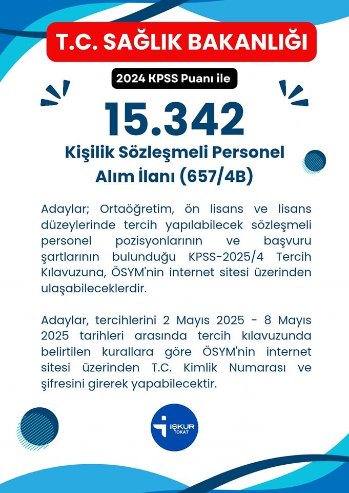 Tokat’a 85 kişilik Sağlık Bakanlığı kadrosu açıldı! Son başvuru 8 Mayıs