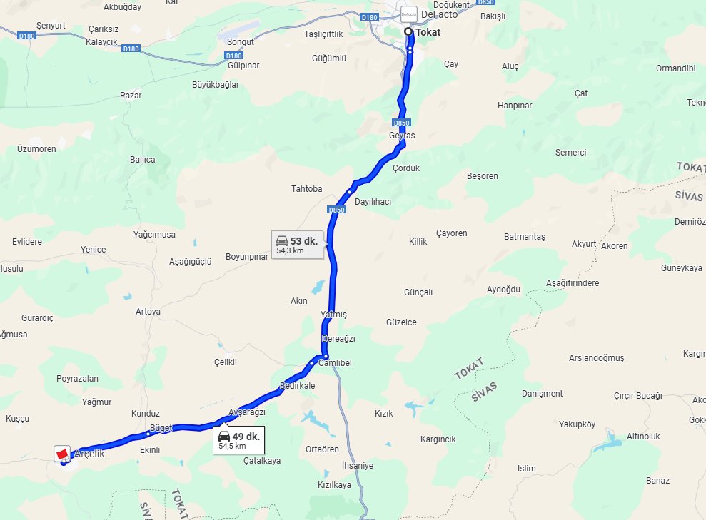 Tokat Yeşilyurt Arası Kaç Km